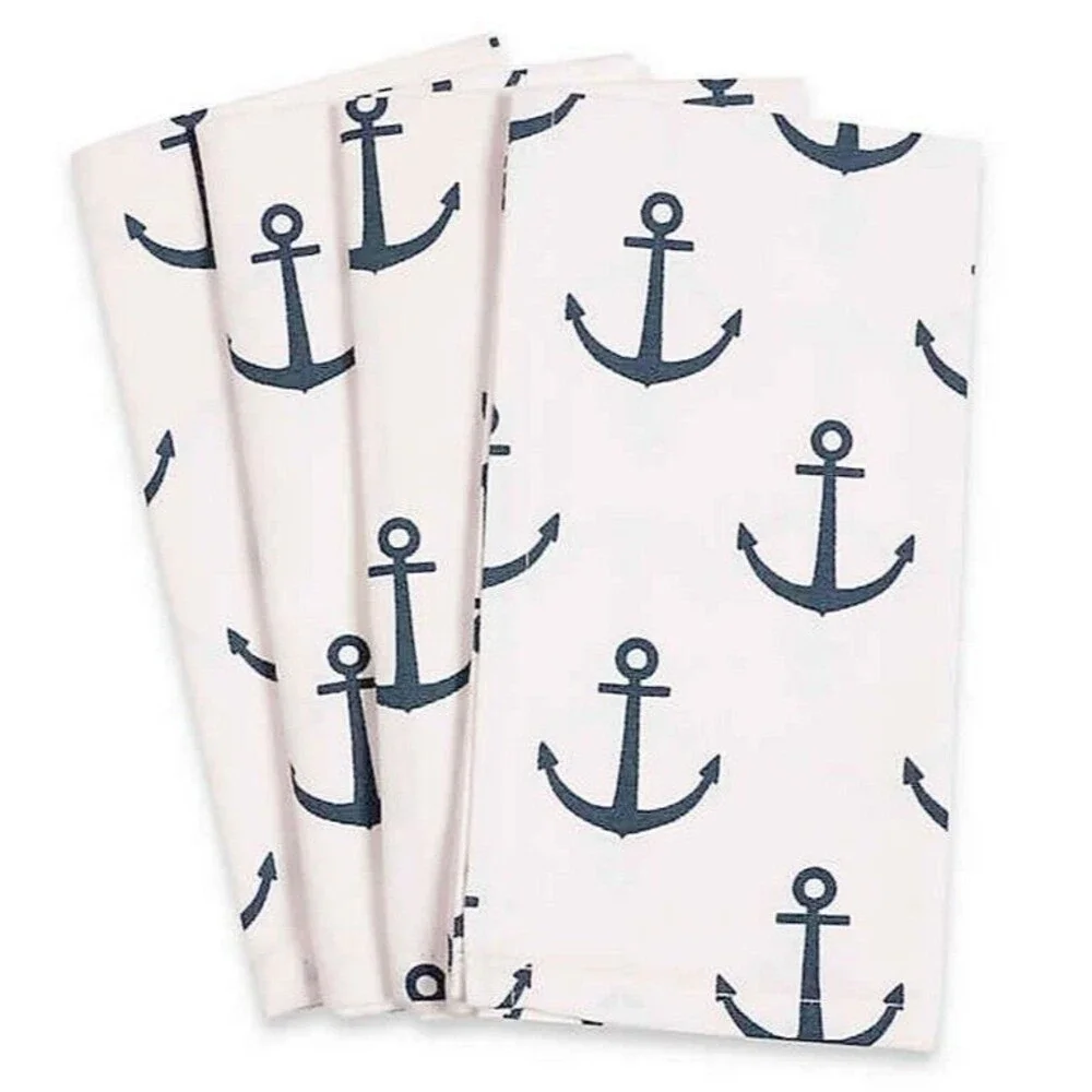 Fete White Napkins Set of 4 Navy Anchors Cotton 20x20